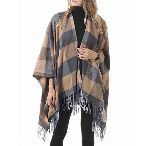 Plaid Open Front Blanket Shawl Scarf Wrap Poncho - Picture 2 of 5